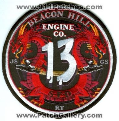 Seattle Fire Department Engine 13 Patch (Washington)
[b]Scan From: Our Collection[/b]
[b]Designed and Made by Denny Kimball[/b]
Keywords: dept. sfd company co. station rt js gs beacon hill