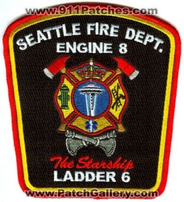 Seattle Fire Department Engine 8 Ladder 6 Patch (Washington)
[b]Scan From: Our Collection[/b]
Keywords: dept. sfd company co. station the starship
