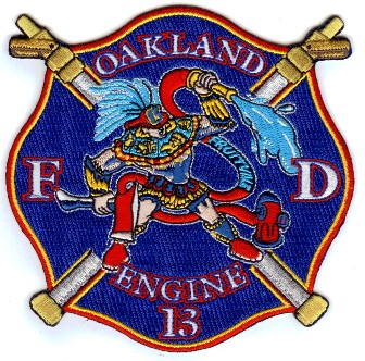 Oakland Fire Engine 13 (California)
Thanks to PaulsFirePatches.com for this scan.
Keywords: department fd