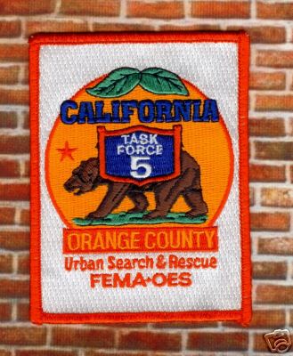 Orange County Fire Urban Search & Rescue Task Force 5
Thanks to PaulsFirePatches.com for this scan.
Keywords: california usar fema oes