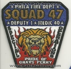 Philadelphia Fire Department Squad 47 Special Operations (Pennsylvania)
Thanks to Mark Hetzel Sr. for this scan.
Keywords: dept. phila. deputy 1 medic 40