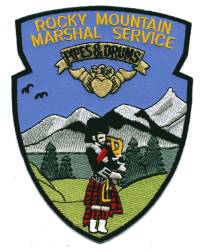 Rocky Mountain Marshal Service Pipes & Drums (Wyoming)
Thanks to BensPatchCollection.com for this scan.
Keywords: and