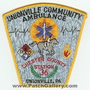 Unionville Community Ambulance Station 36
Thanks to PaulsFirePatches.com for this scan.
Keywords: pennsylvania chester county ems
