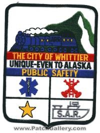 Whittier Public Safety (Alaska)
Thanks to BensPatchCollection.com for this scan.
Keywords: dps the city of fire ems police sar s.a.r.