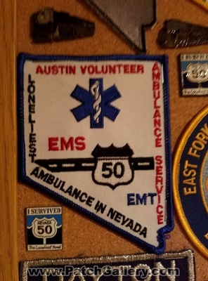 Austin Volunteer Ambulance Service EMT Patch (Nevada)
Thanks to Jeremiah Herderich for the picture.
Keywords: vol. ems loneliest ambulance in 50 state shape