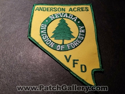 Anderson Acres Volunteer Fire Department Division of Forestry Patch (Nevada)
Thanks to Jeremiah Herderich for the picture.
Keywords: vol. dept. vfd div. state shape