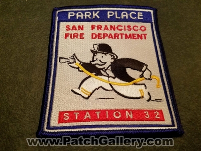 San Francisco Fire Department Station 32 Patch (California)
Thanks to Jeremiah Herderich for the picture.
Keywords: dept. sffd s.f.f.d. company co. station park place monopoly