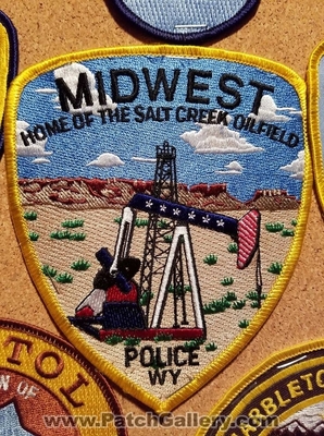 Midwest Police Department Patch (Wyoming)
Thanks to Jeremiah Herderich for the picture.
Keywords: dept. home of the salt creek oil field