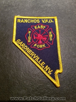 Ranchos Volunteer Fire Department Gardnerville East Fork Patch (Nevada)
Thanks to Jeremiah Herderich for the picture.
Keywords: vol. dept. v.f.d. vfd nv. ems state shape