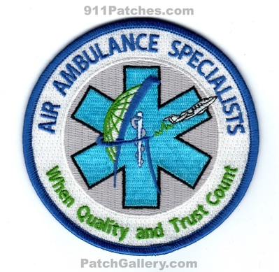 Air Ambulance Specialists EMS Patch (Colorado)
[b]Scan From: Our Collection[/b]
Keywords: when quality and trust count airplane medevac