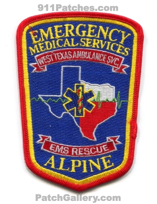 Alpine Emergency Medical Services EMS West Texas Ambulance Service Patch (Texas)
Scan By: PatchGallery.com
Keywords: svc. rescue emt paramedic