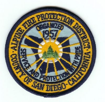 Alpine Fire Protection District
Thanks to PaulsFirePatches.com for this scan.
Keywords: california san diego county