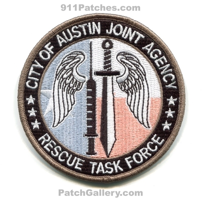 Austin Joint Agency Rescue Task Force EMS Patch (Texas)
Scan By: PatchGallery.com
[b]Patch Made By: 911Patches.com[/b]
Keywords: city of travis county co. fire police department dept. sheriffs office rtf