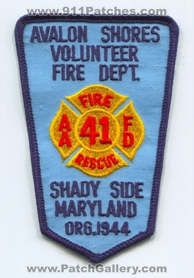 Avalon Shores Volunteer Fire Rescue Department 41 Shady Side Patch (Maryland)
Scan By: PatchGallery.com
Keywords: vol. dept. aafd anne arundel county co.