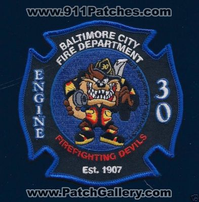 Baltimore City Fire Department Engine 30 (Maryland)
Thanks to PaulsFirePatches.com for this scan.
Keywords: dept. bcfd