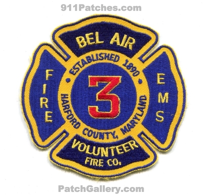 Bel Air Volunteer Fire Company 3 Harford County Patch (Maryland)
Scan By: PatchGallery.com
Keywords: vol. co. department dept. ems established 1890