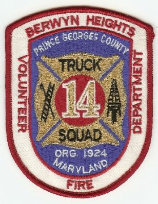 Berwyn Heights Volunteer Fire Department
Thanks to PaulsFirePatches.com for this scan.
Keywords: maryland prince georges county truck squad 14