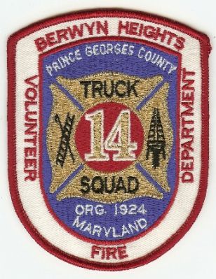 Berwyn Heights Volunteer Fire Department
Thanks to PaulsFirePatches.com for this scan.
Keywords: maryland prince georges county truck squad 14