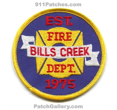 Bills Creek Fire Department Patch (North Carolina)
Scan By: PatchGallery.com
Keywords: dept. est. 1975
