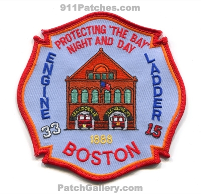 Boston Fire Department Engine 33 Ladder 15 Patch (Massachusetts)
Scan By: PatchGallery.com
Keywords: dept. bfd company co. station truck protecting the bay night and day 1888
