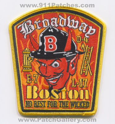 Boston Fire Department Engine 7 Ladder 17 D4 Patch (Massachusetts)
Scan By: PatchGallery.com
Keywords: Dept. BFD B.F.D. E-7 E7 L-17 L17 D-4 Company Co. Station Broadway - No Rest for the Wicked - Devil