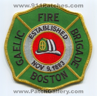 Boston Fire Department Gaelic Brigade Patch (Massachusetts)
Scan By: PatchGallery.com
Keywords: BFD B.F.D. Dept. Company Co. Station Established Nov 9, 1883