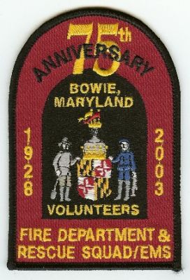 Bowie Fire Department 75th Anniversary
Thanks to PaulsFirePatches.com for this scan.
Keywords: maryland volunteers rescue squad ems