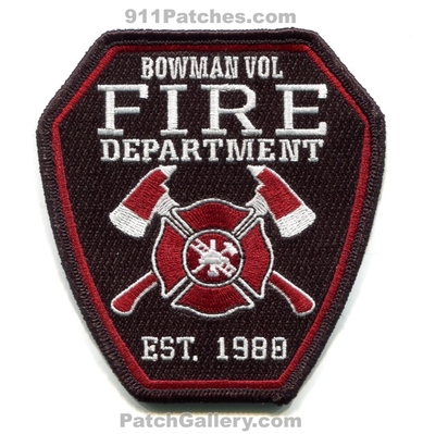 Bowman Volunteer Fire Department Patch (Texas)
Scan By: PatchGallery.com
[b]Patch Made By: 911Patches.com[/b]
Keywords: vol. dept. est. 1980