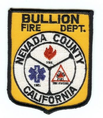 Bullion Fire Dept
Thanks to PaulsFirePatches.com for this scan.
Keywords: california department nevada county