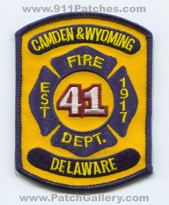 Camden and Wyoming Fire Department Company 41 Patch (Delaware)
Scan By: PatchGallery.com
Keywords: & dept. co. number no. #41 est 1917