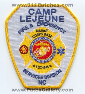Camp LeJeune Fire and Emergency Services Division USMC Military Patch (North Carolina)
Scan By: PatchGallery.com
Keywords: & Div. Marine Corps Base Department Dept. of Defense DOD est. 1941