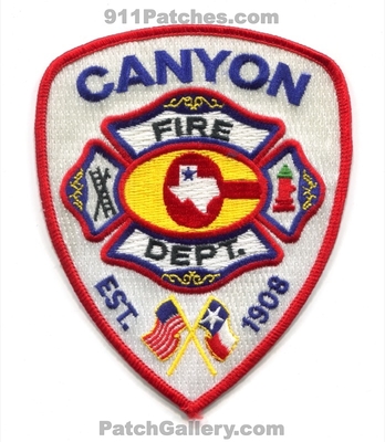Canyon Fire Department Patch (Texas)
Scan By: PatchGallery.com
Keywords: dept. est. 1908