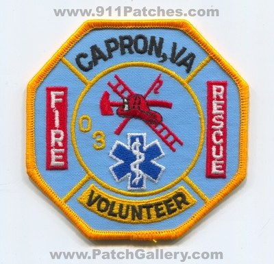 Capron Volunteer Fire Rescue Department 03 Patch (Virginia)
Scan By: PatchGallery.com
Keywords: vol. dept. va