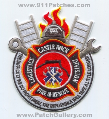 Castle Rock Fire Rescue Department Logistics Division Patch (Colorado)
[b]Scan From: Our Collection[/b]
[b]Patch Made By: 911Patches.com[/b]
Keywords: dept. crfd c.r.f.d. 151 company co. station the difficult we do right away the impossible will take a little longer