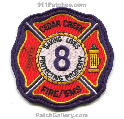 Cedar Creek Fire Department 8 Patch (North Carolina)
Scan By: PatchGallery.com
Keywords: dept. ems saving lives protecting property