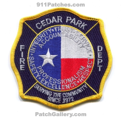 Cedar Park Fire Department Patch (Texas)
Scan By: PatchGallery.com
Keywords: dept. integrity trust service accountability professionalism safety excellence respect serving the community since 1972