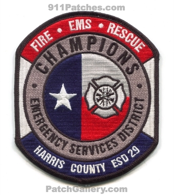 Champions Fire Department Harris County Emergency Services District ESD 29 Patch (Texas)
Scan By: PatchGallery.com
Keywords: dept. co. number no. #29 rescue ems