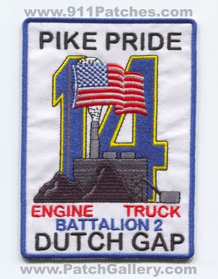 Chesterfield County Fire Department Station 14 Pike Pride Dutch Gap Patch (Virginia)
Scan By: PatchGallery.com
[b]Patch Made By: 911Patches.com[/b]
Keywords: co. dept. engine truck battalion 2 company co.