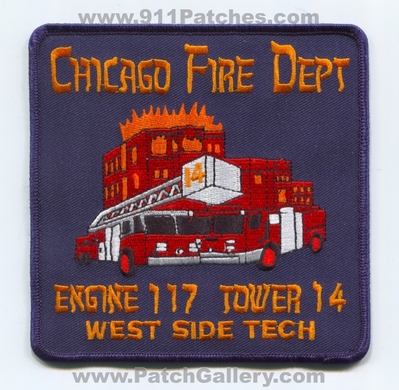 Chicago Fire Department Engine 117 Tower 14 Patch (Illinois)
Scan By: PatchGallery.com
Keywords: Dept. CFD C.F.D. Aerial Ladder Truck Company Co. Station West Side Tech