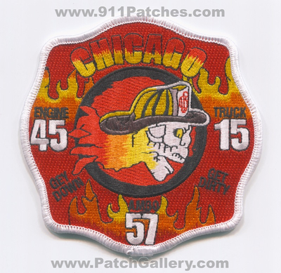 Chicago Fire Department Engine 45 Truck 15 Ambulance 57 Patch (Illinois)
Scan By: PatchGallery.com
Keywords: dept. cfd c.f.d. company co. station get down dirty flaming skull