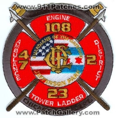 Chicago Fire Department Engine 108 Tower Ladder 23 Ambulance 47 District 2 Patch (Illinois)
Scan By: PatchGallery.com
Keywords: dept. cfd company co. station guardians of the gateway jefferson park