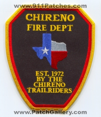 Chireno Fire Department (Texas)
Scan By: PatchGallery.com
Keywords: dept. est. 1972 by the trailriders