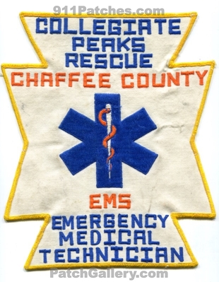 Collegiate Peaks Rescue Emergency Medical Technician EMT Chaffee County Emergency Medical Services EMS Patch (Colorado)
[b]Scan From: Our Collection[/b]
Keywords: co. search and sar