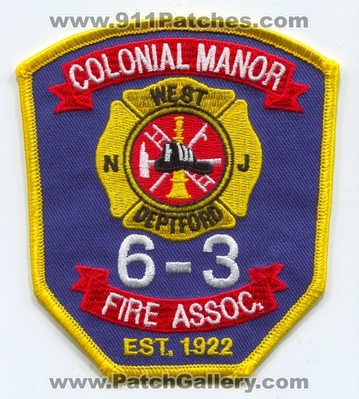 Colonial Manor Fire Association 6-3 Patch (New Jersey)
Scan By: PatchGallery.com
Keywords: assn. assoc. west deptford department dept.