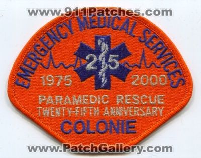 Colonie Emergency Medical Services Paramedic Rescue 25th Anniversary (New York)
Scan By: PatchGallery.com
Keywords: ems ambulance emt paramedic twenty-fifth 1975 2000