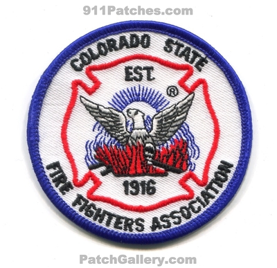 Colorado State Fire Fighters Association Patch (Colorado)
[b]Scan From: Our Collection[/b]
Keywords: firefighters assoc. assn. est. 1916