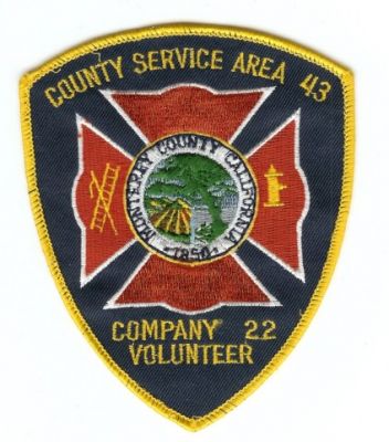 County Service Area 43 Company 22 Volunteer
Thanks to PaulsFirePatches.com for this scan.
Keywords: california fire monterey county