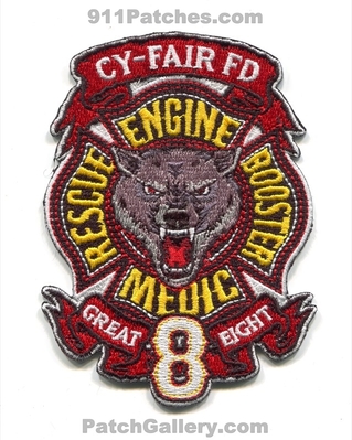 Cy-Fair Fire Department Station 8 Patch (Texas)
Scan By: PatchGallery.com
Keywords: cypress fairbanks cyfair dept. engine rescue medic ambulance booster company co. great eight