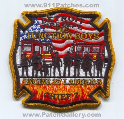 Detroit Fire Department Engine 27 Ladder 8 Chief 7 Patch (Michigan)
Scan By: PatchGallery.com
Keywords: dept. dfd d.f.d. company co. station truck the junction boys