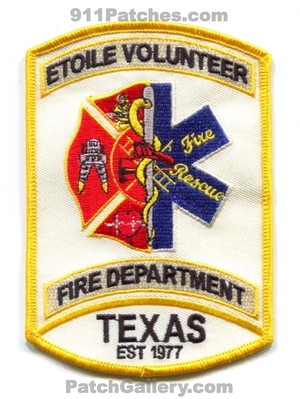 Etoile Volunteer Fire Department Patch (Texas)
Scan By: PatchGallery.com
Keywords: vol. dept. rescue ems est 1977